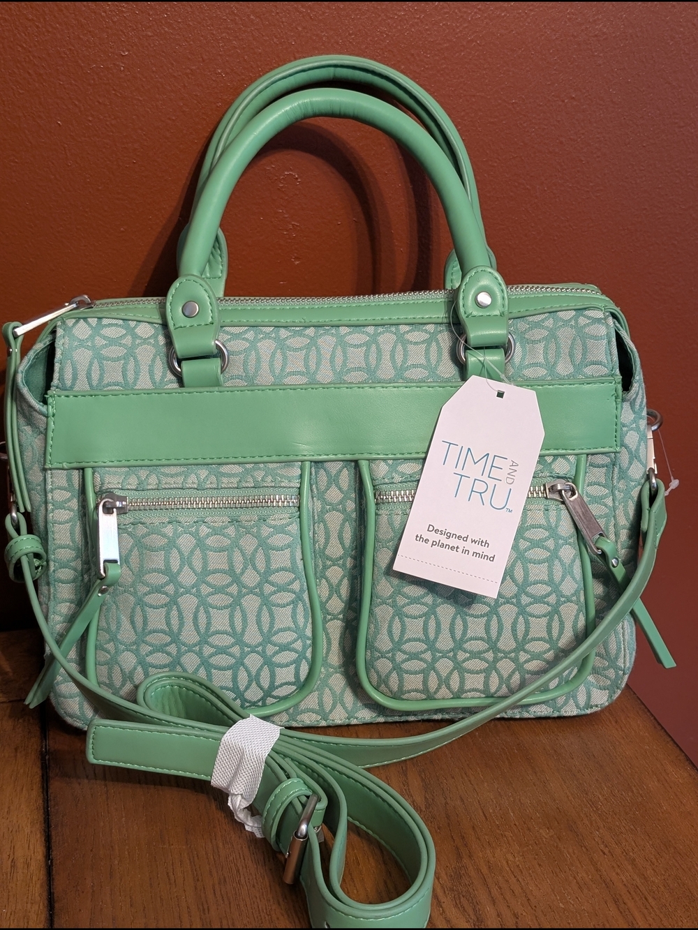 Time and Tru Mint Green Patterned Satchel Bag